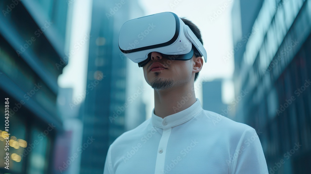 A focused man experiences virtual reality in an urban setting, showcasing the blend of technology and everyday life. A focused man experiences virtual reality in an urban setting, showcasing the blend of technology and everyday life.
