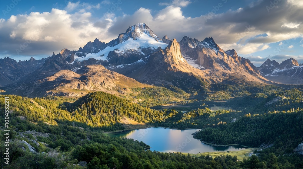 Breathtaking panoramic view of a majestic mountain range with snow capped peaks and dramatic serrated summits Breathtaking panoramic view of a majestic mountain range with snow capped peaks and dramatic serrated summits