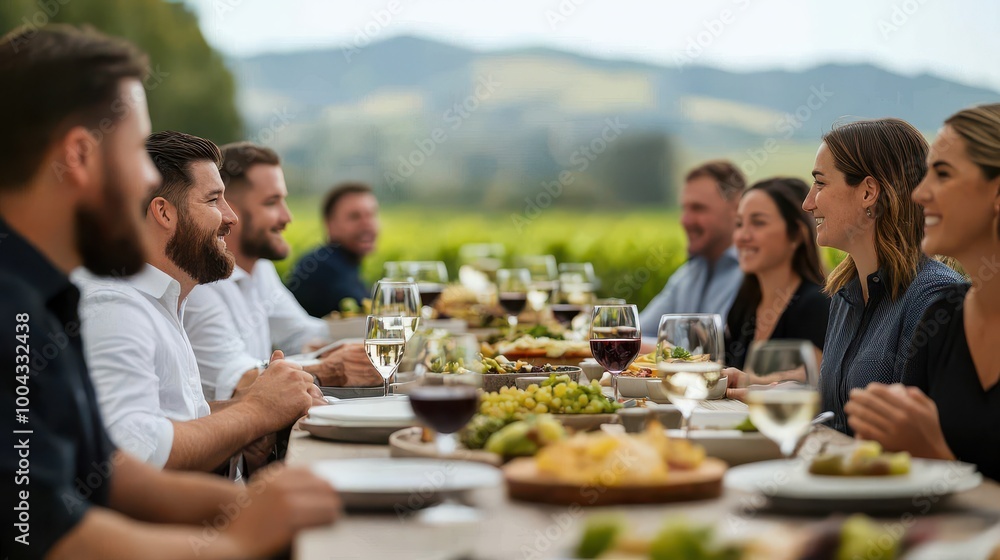 A joyful gathering of friends enjoying fine dining outdoors with scenic vineyard views. A joyful gathering of friends enjoying fine dining outdoors with scenic vineyard views.