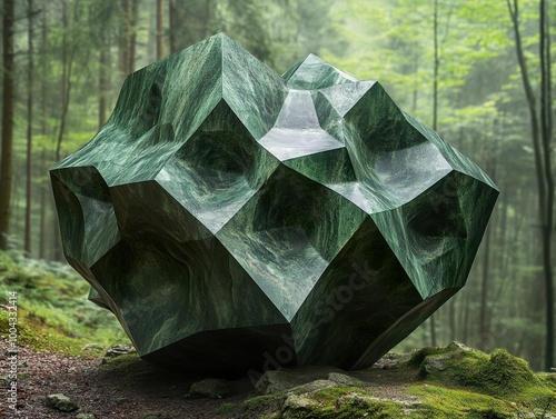 Green Stone Sculpture in a Forest Setting photo