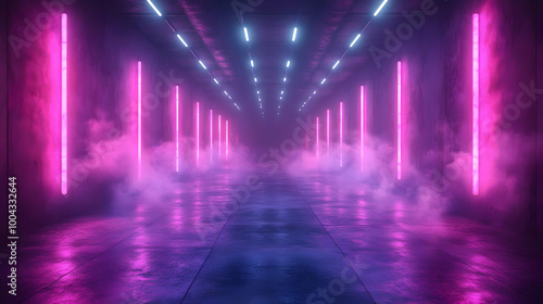 Neon Lights in a Foggy Corridor 3D Illustration