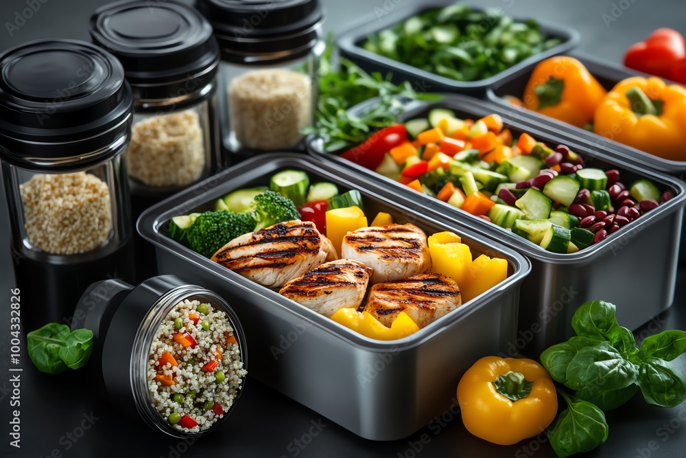 3D-rendered weight loss meal prep containers, with fully modeled ingredients like grilled chicken, quinoa, and vegetables, neatly arranged for healthy eating 3D-rendered weight loss meal prep containers, with fully modeled ingredients like grilled chicken, quinoa, and vegetables, neatly arranged for healthy eating