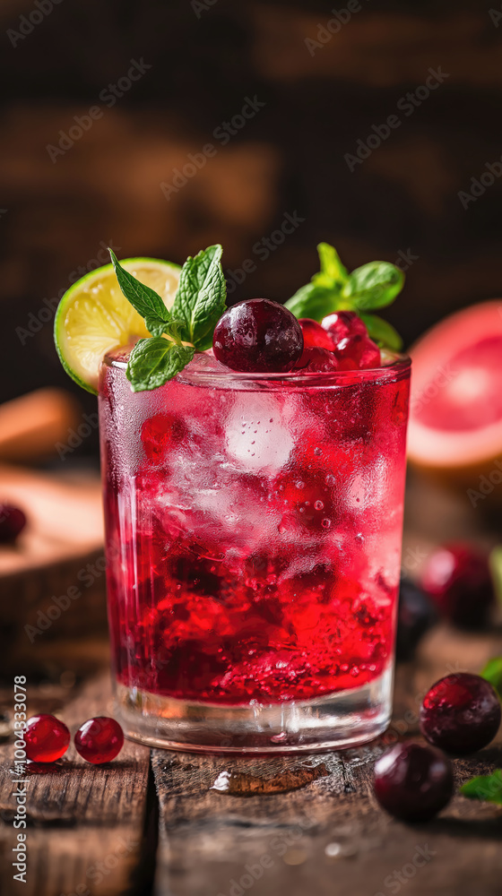 delicious cocktail with red berries, lime, ice and mint delicious cocktail with red berries, lime, ice and mint