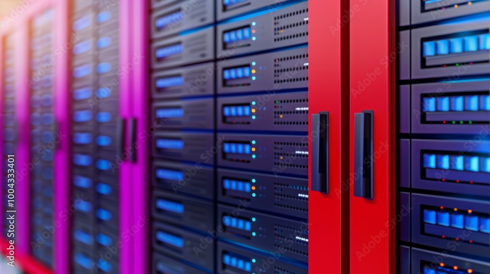 Close-up of colorful server racks with illuminated indicators, showcasing modern data storage solutions. Close-up of colorful server racks with illuminated indicators, showcasing modern data storage solutions.