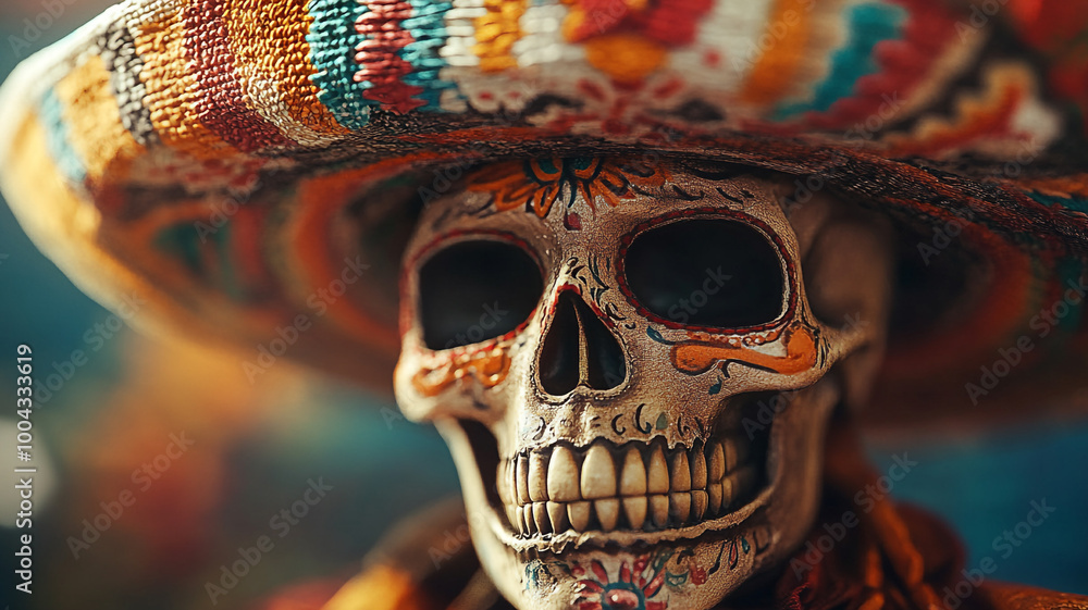 Colorful Day of the Dead skull with a traditional sombrero displayed during a vibrant celebration Colorful Day of the Dead skull with a traditional sombrero displayed during a vibrant celebration