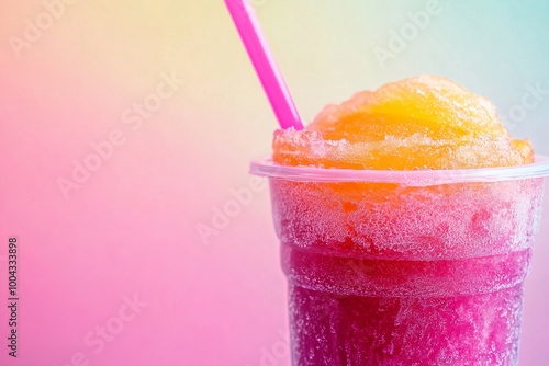 Vibrant Pink and Orange Frozen Slushie in a Plastic Cup, AI generated illustration