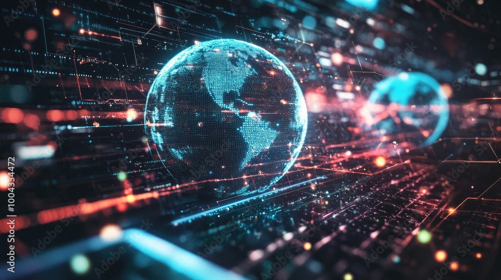 Artistic rendering of SEO and data search, as mobile and laptop screens glow with global digital network connections. Artistic rendering of SEO and data search, as mobile and laptop screens glow with global digital network connections.
