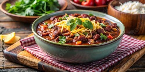 Delicious chili con carne bowl topped with melted cheese and fresh cilantro