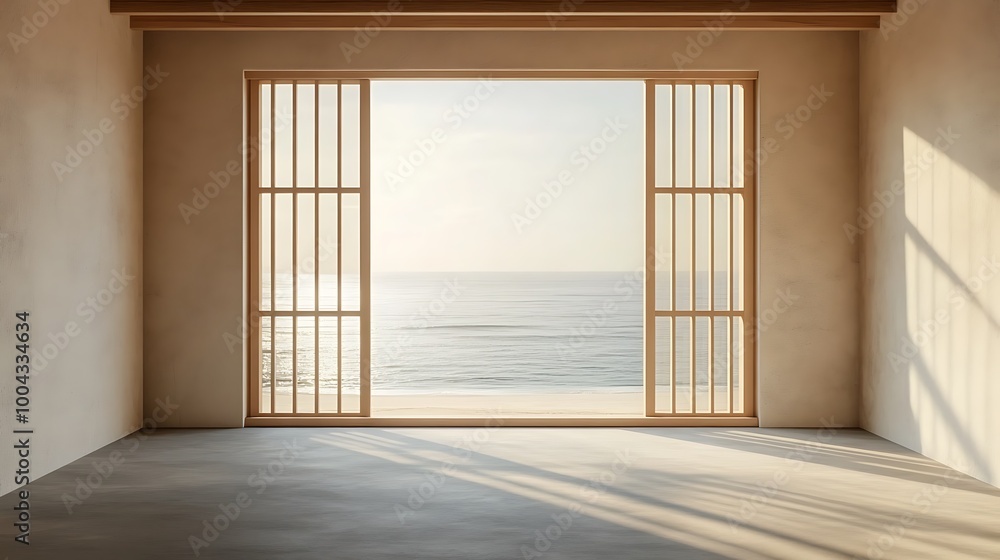 Window with view of beach and sea. Beige empty room interior Window with view of beach and sea. Beige empty room interior