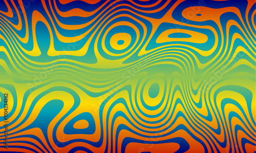 Abstract retro 70s background vector. Colorful vintage 1970 stylish wallpaper with swirl psychedelic shapes. Illustration design suitable for poster, banner