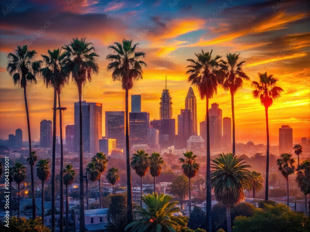 Obraz premium Scenic view of classic Los Angeles skyline with palm trees and sunset reflecting on the cityscape