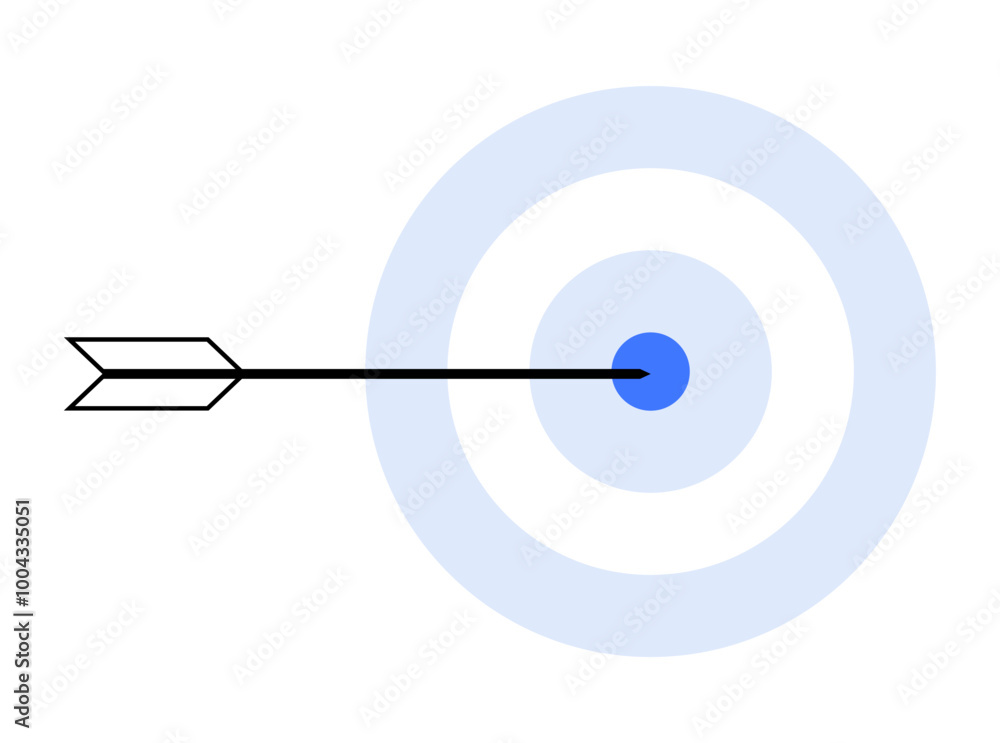 An arrow hitting the center of a blue target with concentric circles. Ideal for business goals, focus, precision, success, and achievement. Simple graphic style, minimalistic design, clear visual An arrow hitting the center of a blue target with concentric circles. Ideal for business goals, focus, precision, success, and achievement. Simple graphic style, minimalistic design, clear visual