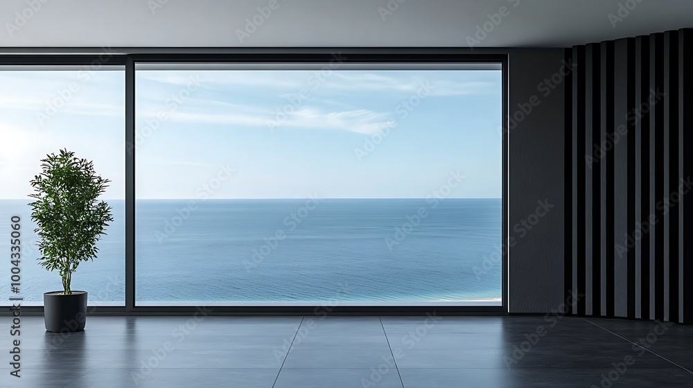 Obraz premium Terrace with panoramic windows overlooking the sea. Black balcony room with access to the beach