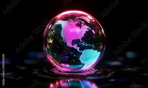 Neon-glowing Earth in a glass sphere, holographic effect. AI generated illustration