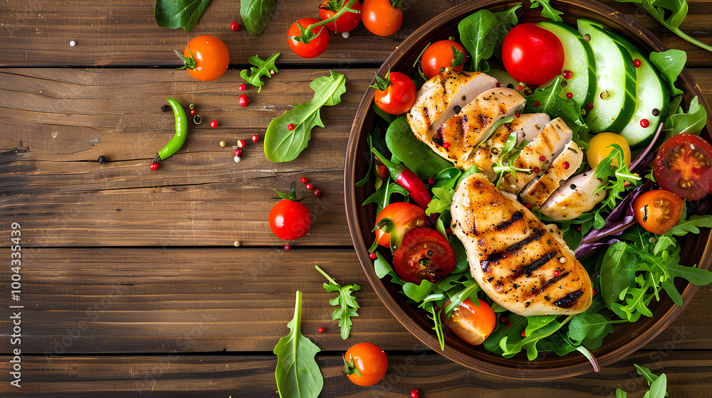 Healthy balanced meal with fresh vegetables and grilled chicken on a wooden table Healthy balanced meal with fresh vegetables and grilled chicken on a wooden table