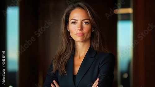 Confident businesswoman in professional attire, standing tall in an office environment, exuding determination and leadership, with a backdrop of modern corporate architecture