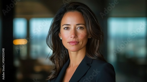 Professional businesswoman standing confidently in a modern office setting, dressed in a tailored suit, exuding leadership and determination, with a city skyline in the background.