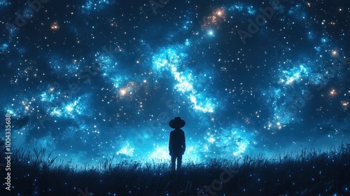 A silhouette gazes at a starry cosmic landscape.