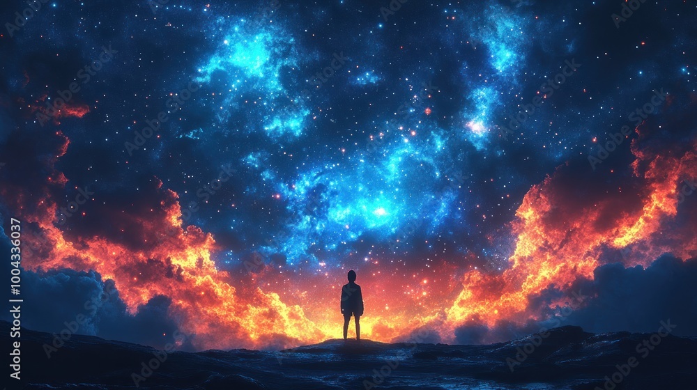 A silhouette stands against a vibrant cosmic backdrop of stars. A silhouette stands against a vibrant cosmic backdrop of stars.