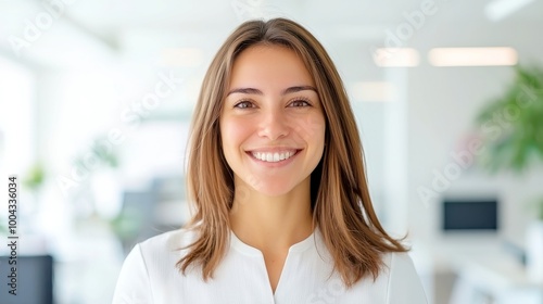 Free Download Confident Businesswoman in Contemporary Workspace, a joyful female professional exuding positivity, dressed in smart attire, surrounded by sleek furniture and urban decor. - GFXLoad
