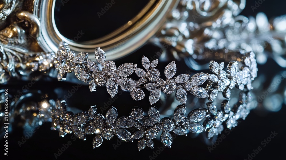 This elegant bracelet, adorned with sparkling diamonds, is draped over a reflective surface, showcasing intricate floral designs and fine craftsmanship in a luxurious environment This elegant bracelet, adorned with sparkling diamonds, is draped over a reflective surface, showcasing intricate floral designs and fine craftsmanship in a luxurious environment