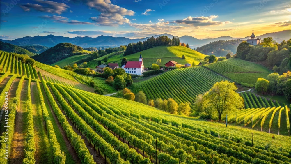 Scenic Vineyards Rows in Slovenia Surrounded by Lush Green Hills Under a Clear Blue Sky Scenic Vineyards Rows in Slovenia Surrounded by Lush Green Hills Under a Clear Blue Sky