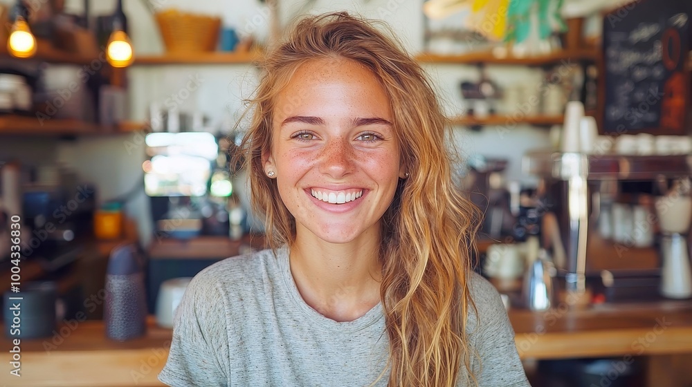 Joyful woman enjoying a warm beverage in a cozy cafe, surrounded by inviting decor, as soft light filters through large windows, creating a welcoming atmosphere. Joyful woman enjoying a warm beverage in a cozy cafe, surrounded by inviting decor, as soft light filters through large windows, creating a welcoming atmosphere.