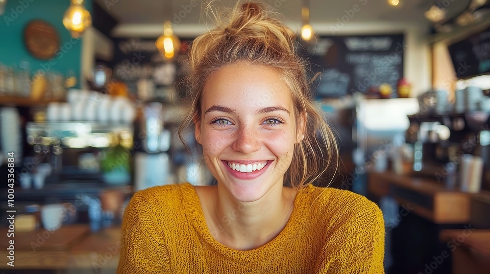 Joyful woman enjoying a moment in a cozy cafe, surrounded by warm decor, sipping coffee, with soft background chatter enhancing the inviting atmosphere. Joyful woman enjoying a moment in a cozy cafe, surrounded by warm decor, sipping coffee, with soft background chatter enhancing the inviting atmosphere.