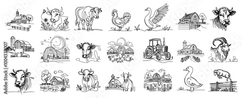 charming farm animals and rural scenes in sketch style