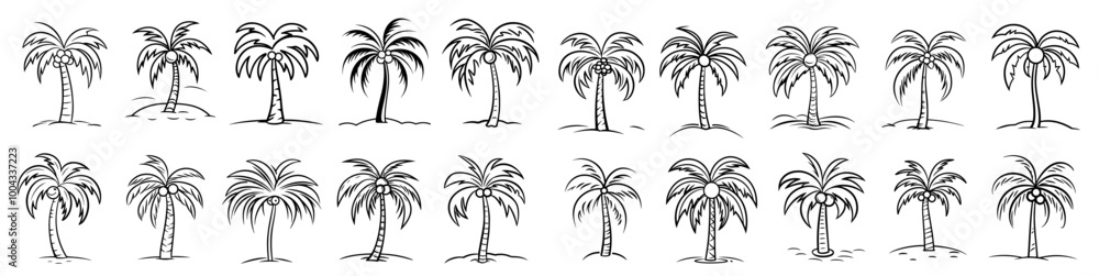 Naklejka premium tropical palm tree, big collection set of black vector silhouette