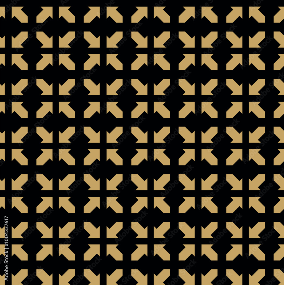 Abstract geometric pattern with crosses, stripes, lines. Seamless vector background. Black and gold ornament. Modern reticulated graphic design.