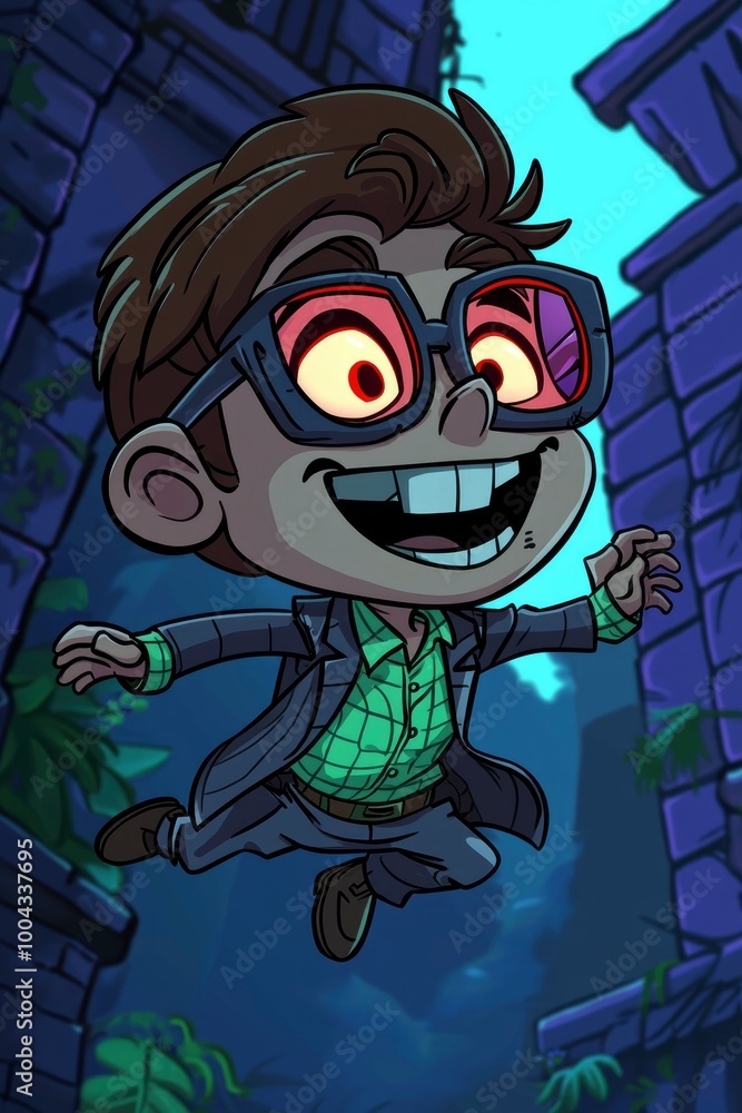 Cartoon Boy with Red Glasses Jumping in the Jungle Cartoon Boy with Red Glasses Jumping in the Jungle