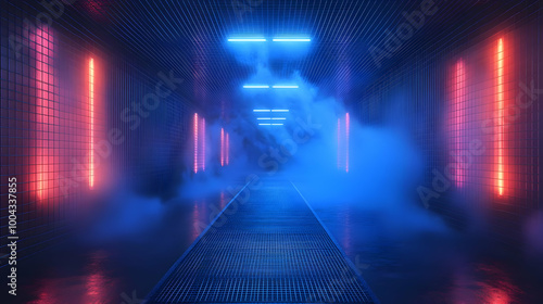 Wallpaper Mural Neon Lights in Foggy 3D Corridor Illustration Torontodigital.ca