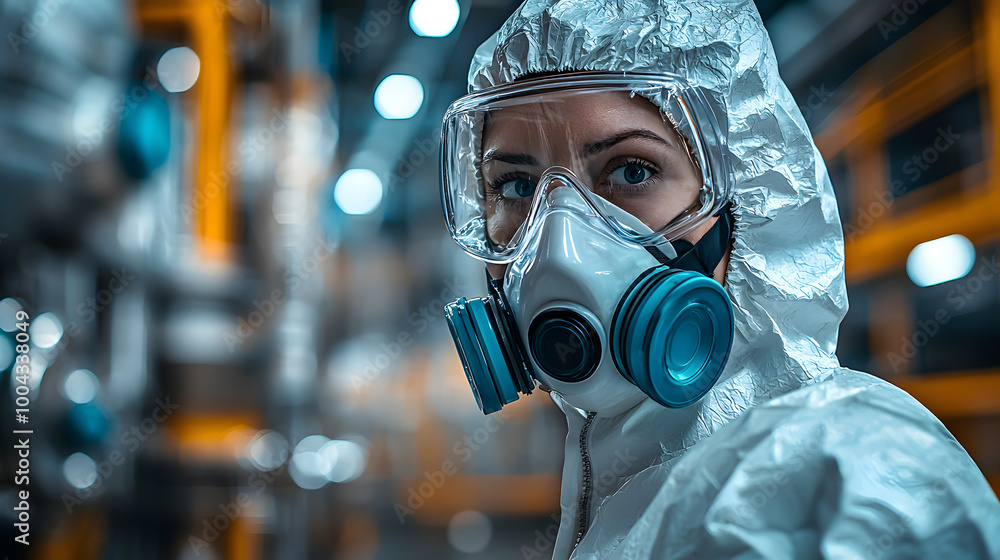 A focused worker in a protective suit and respirator, highlighting safety measures in a modern industrial environment. A focused worker in a protective suit and respirator, highlighting safety measures in a modern industrial environment.