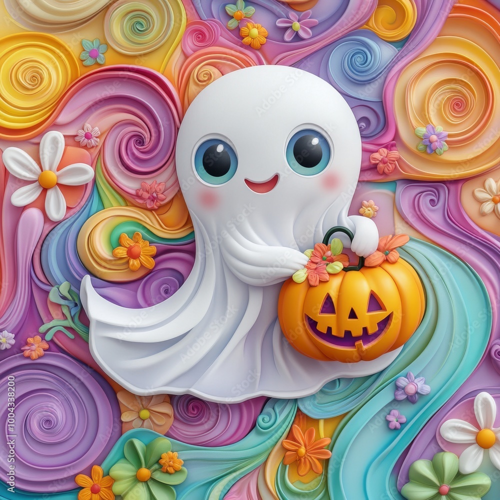 Enchanting Claymation Style 3D Floating Ghost with Cute Jack O' Lantern Head and Colorful Background | Cartoon Animation Enchanting Claymation Style 3D Floating Ghost with Cute Jack O' Lantern Head and Colorful Background | Cartoon Animation