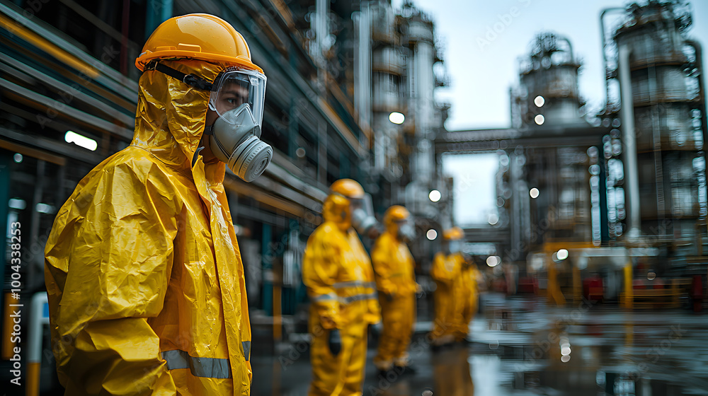 A group of workers in yellow protective gear standing in an industrial facility, highlighting safety and teamwork in a manufacturing environment. A group of workers in yellow protective gear standing in an industrial facility, highlighting safety and teamwork in a manufacturing environment.