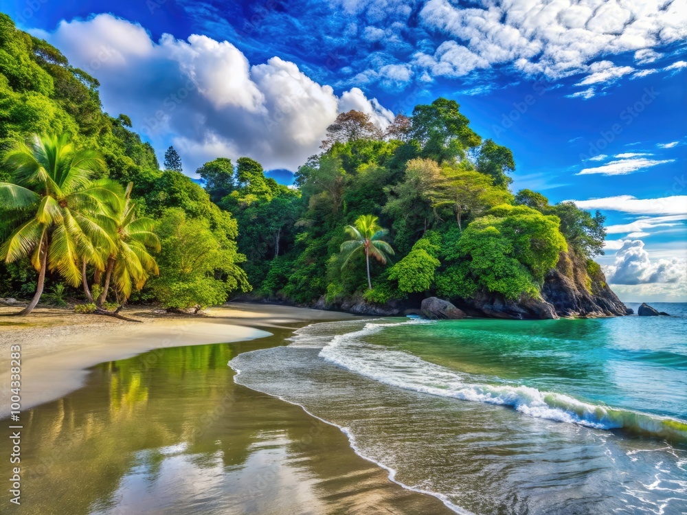 Serene Beach on the Pacific Coast of Costa Rica's Manuel Antonio National Park Surrounded by Nature Serene Beach on the Pacific Coast of Costa Rica's Manuel Antonio National Park Surrounded by Nature