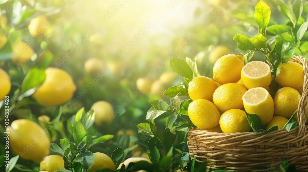 Basket Full of Fresh Lemons with Lemon Trees in the Background, Blurred Nature Scene Basket Full of Fresh Lemons with Lemon Trees in the Background, Blurred Nature Scene