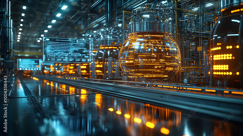 Fototapeta premium A modern factory interior showcasing advanced machinery and glowing equipment, highlighting innovation in industrial technology.