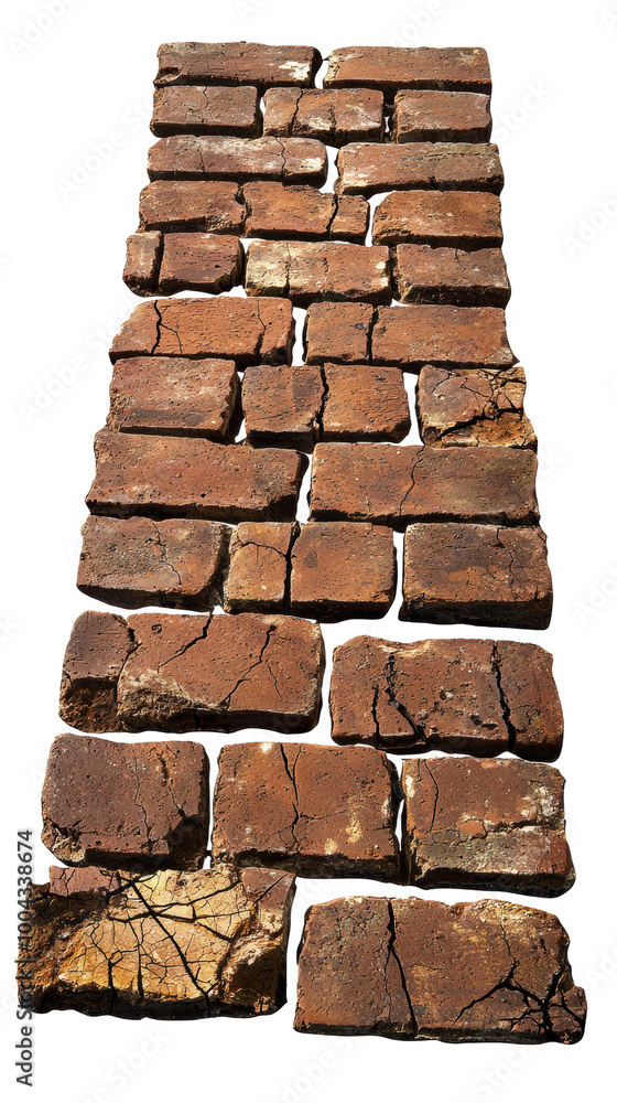 Old cracked brick path on white isolated background. Old cracked brick path on white isolated background.