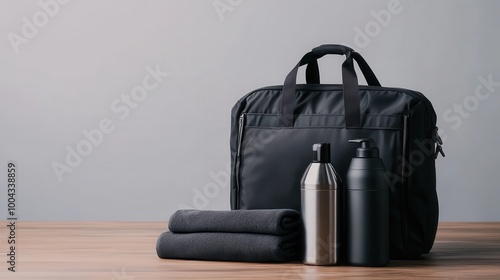 Black gym bag with towels and bottles on wooden surface photo