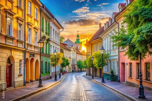 Serene Empty Morning Street in Vilnius, Lithuania Showcasing Urban Architecture and Quiet Atmosphere