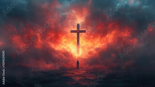 symbolic holy cross set against a dramatic sky representing themes of faith resurrection and spirituality with soft glowing light illuminating the scene photo