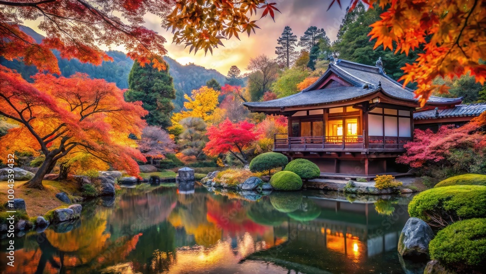 Serene Japanese Traditional Architecture Surrounded by Vibrant Autumn Foliage in a Peaceful Garden Serene Japanese Traditional Architecture Surrounded by Vibrant Autumn Foliage in a Peaceful Garden