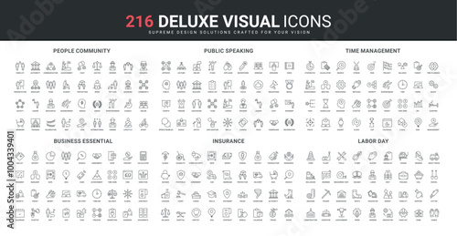 Business project and communication, public speaking and insurance, labor and health protection line icon set. Success achievement, time management thin black outline symbols vector illustration