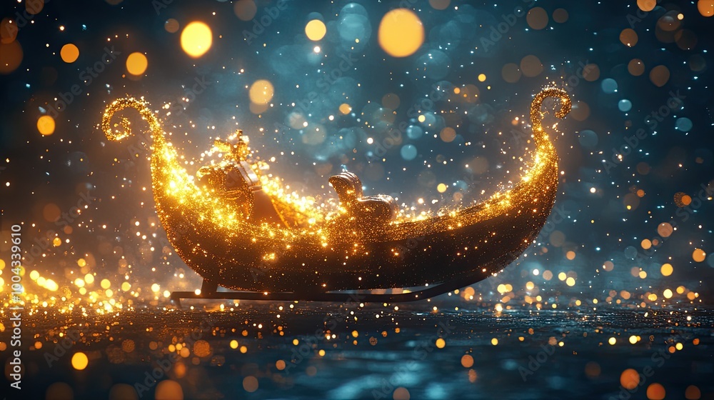 Obraz premium Enchanted Sleigh Ride: A magical journey through a sparkling winter wonderland. Glowing sleigh, filled with golden light, glides across a dreamy, bokeh-filled landscape. Perfect for fantasy, winter.
