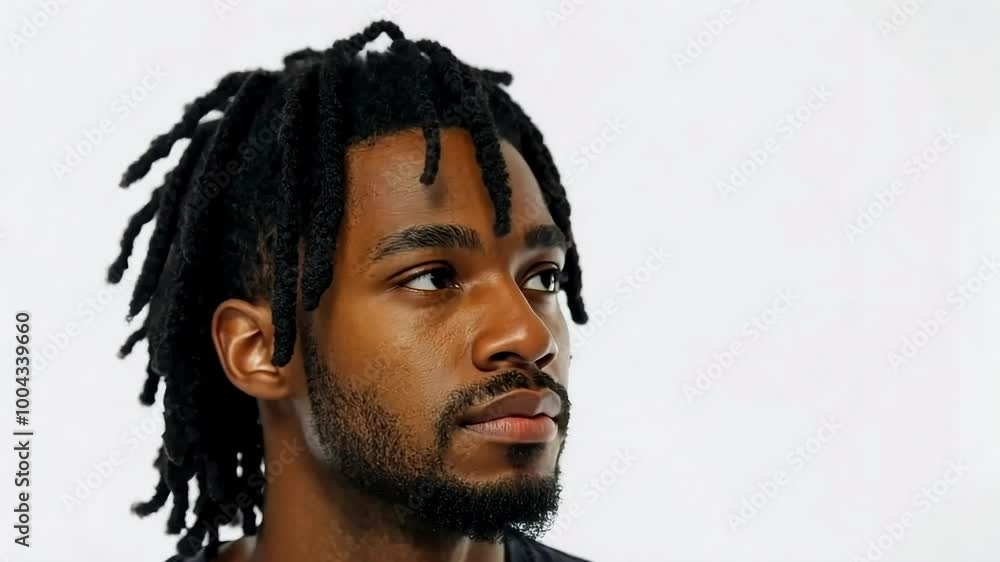 Young african american man with dreadlocks showcasing a range of facial expressions and emotions against a clean white background, exuding style and confidence Young african american man with dreadlocks showcasing a range of facial expressions and emotions against a clean white background, exuding style and confidence