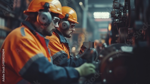 Workers in safety gear operate machinery in a factory during a busy daytime shift, focusing on precision and teamwork