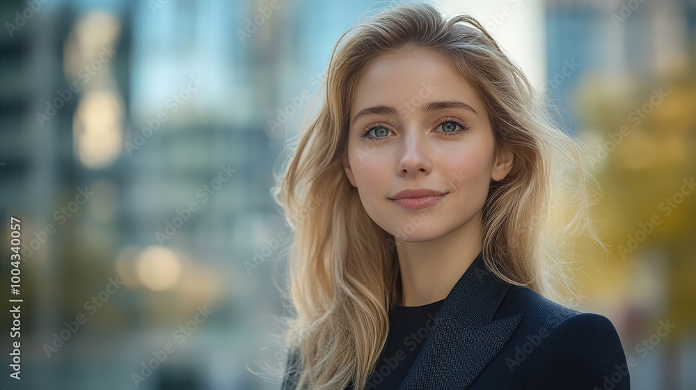 Beautiful blonde Caucasian European woman in suit outdoors with a blurry business center in backdrop blur background Beautiful blonde Caucasian European woman in suit outdoors with a blurry business center in backdrop blur background
