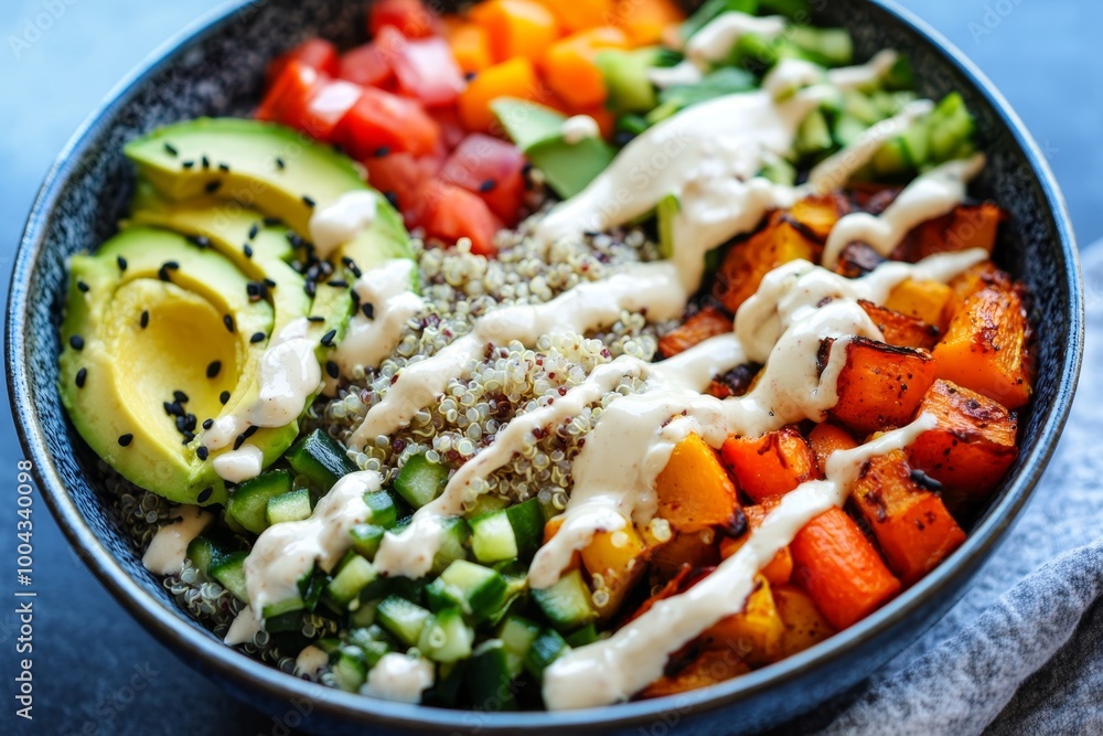 Vegan buddha bowl filled with quinoa, avocado, roasted vegetables, and tahini drizzle. Colorful and vibrant, showcasing healthy, plant-based ingredients. Vegan buddha bowl filled with quinoa, avocado, roasted vegetables, and tahini drizzle. Colorful and vibrant, showcasing healthy, plant-based ingredients.